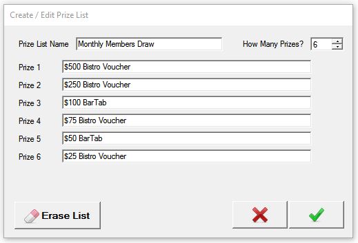 Club Raffle Prize Lists